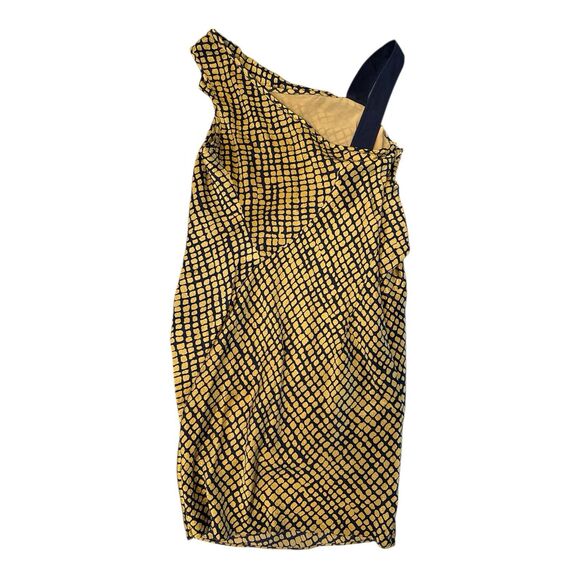 Hanii Y women’s Silk Dress Geometric print  Asymmetric Golden/navy Blue Sz 40 - Picture 2 of 9